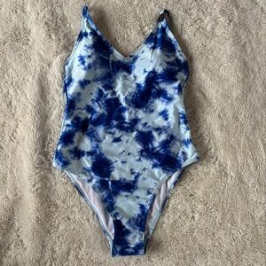 Cotton On Body One Piece Swimsuit Deep V Cheeky Tie Dye Blue Women's Size S NWT